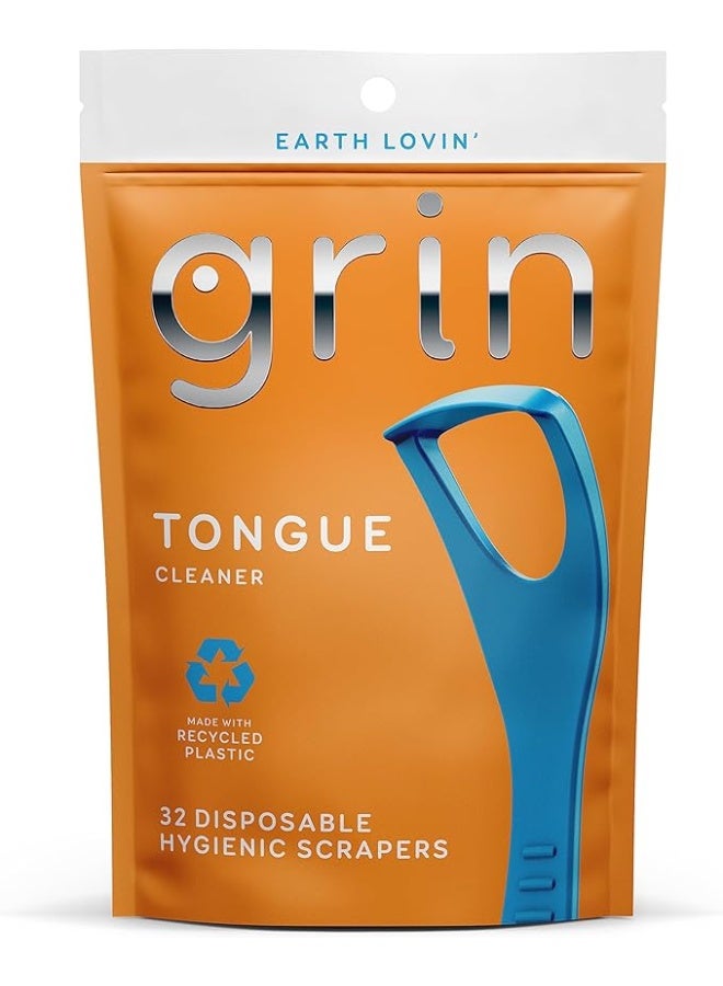 GRIN جرين منظف اللسان أداة تنظيف لسان للاستعمال مرة واحدة مكشطة صحية بلاستيك معاد تدويره مزود بعود أسنان قابل للطي الآمن 32 قطعة - Image 1